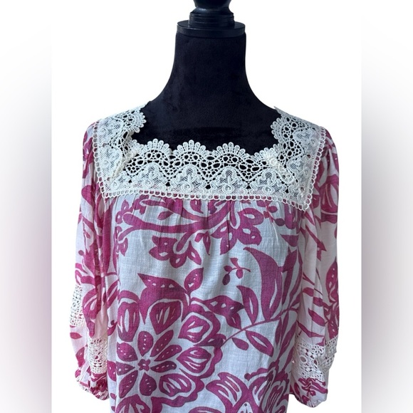 Zac & Rachel Boho Floral Lace Crochet Peasant Blouse Magenta Pink White Medium - Picture 2 of 8
